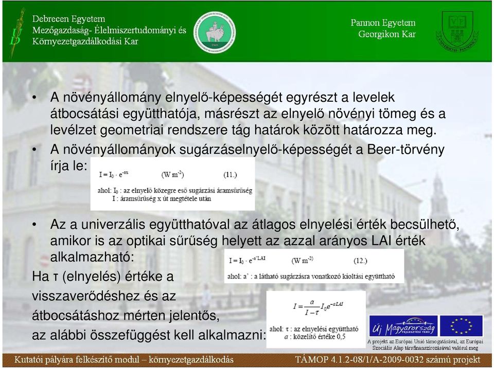 A növényállományok sugárzáselnyelı-képességét a Beer-törvény írja le: Az a univerzális együtthatóval az átlagos elnyelési érték