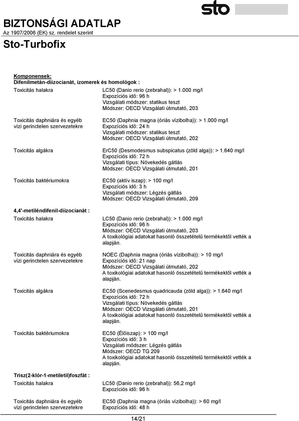 baktériumokra 4,4'-metiléndifenil-diizocianát : Toxicitás halakra Toxicitás daphniára és egyéb vízi gerinctelen szervezetekre Toxicitás algákra Toxicitás baktériumokra