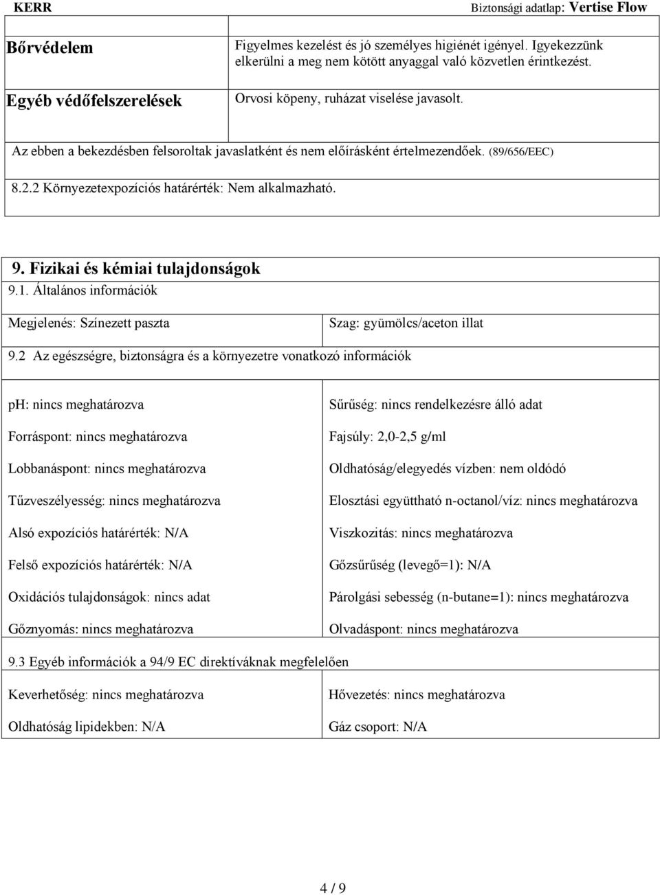 Fizikai és kémiai tulajdonságok 9.1. Általános információk Megjelenés: Színezett paszta Szag: gyümölcs/aceton illat 9.