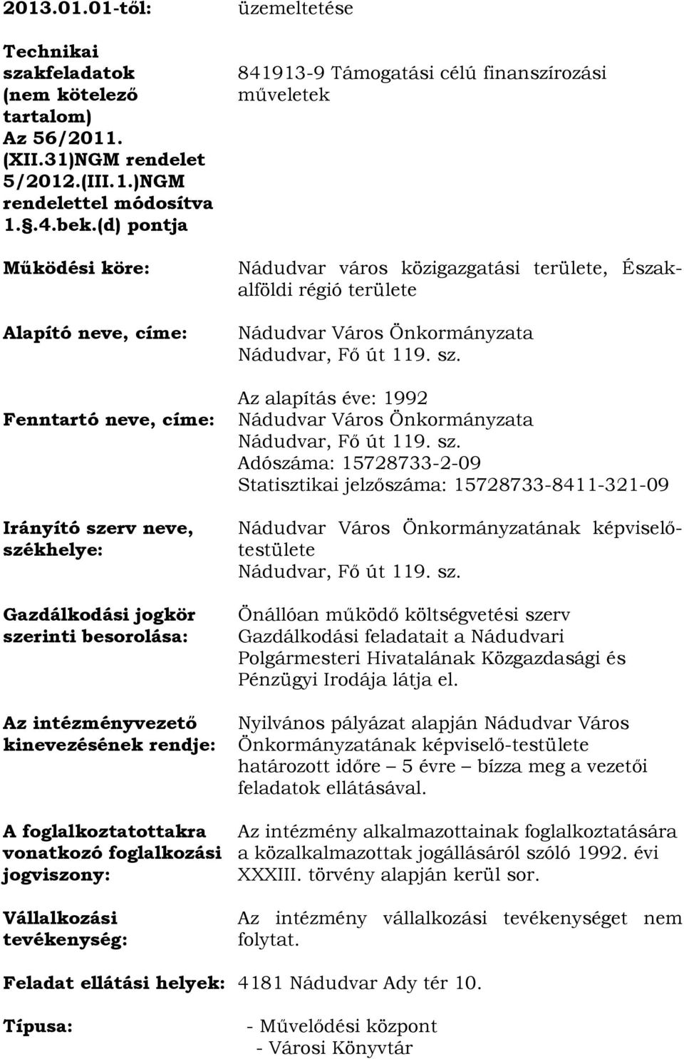 foglalkoztatottakra vonatkozó foglalkozási jogviszony: Vállalkozási tevékenység: üzemeltetése 841913-9 Támogatási célú finanszírozási műveletek Nádudvar város közigazgatási területe, Északalföldi