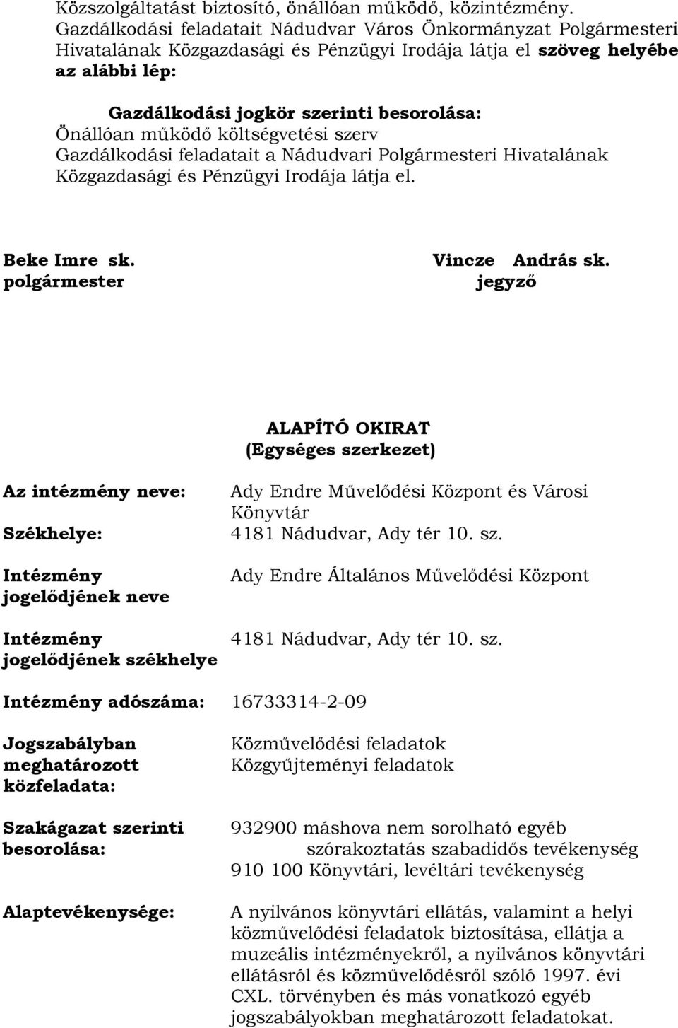 működő költségvetési szerv Gazdálkodási feladatait a Nádudvari Polgármesteri Hivatalának Közgazdasági és Pénzügyi Irodája látja el. Beke Imre sk. Vincze András sk.