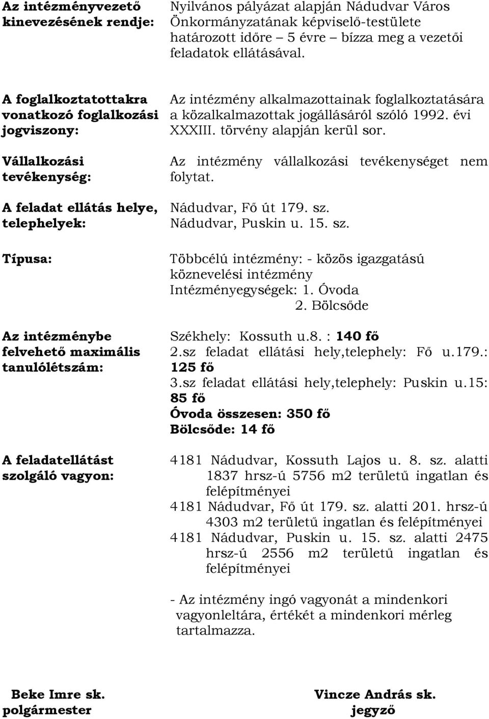 szolgáló vagyon: Az intézmény alkalmazottainak foglalkoztatására a közalkalmazottak jogállásáról szóló 1992. évi XXXIII. törvény alapján kerül sor. Az intézmény vállalkozási tevékenységet nem folytat.