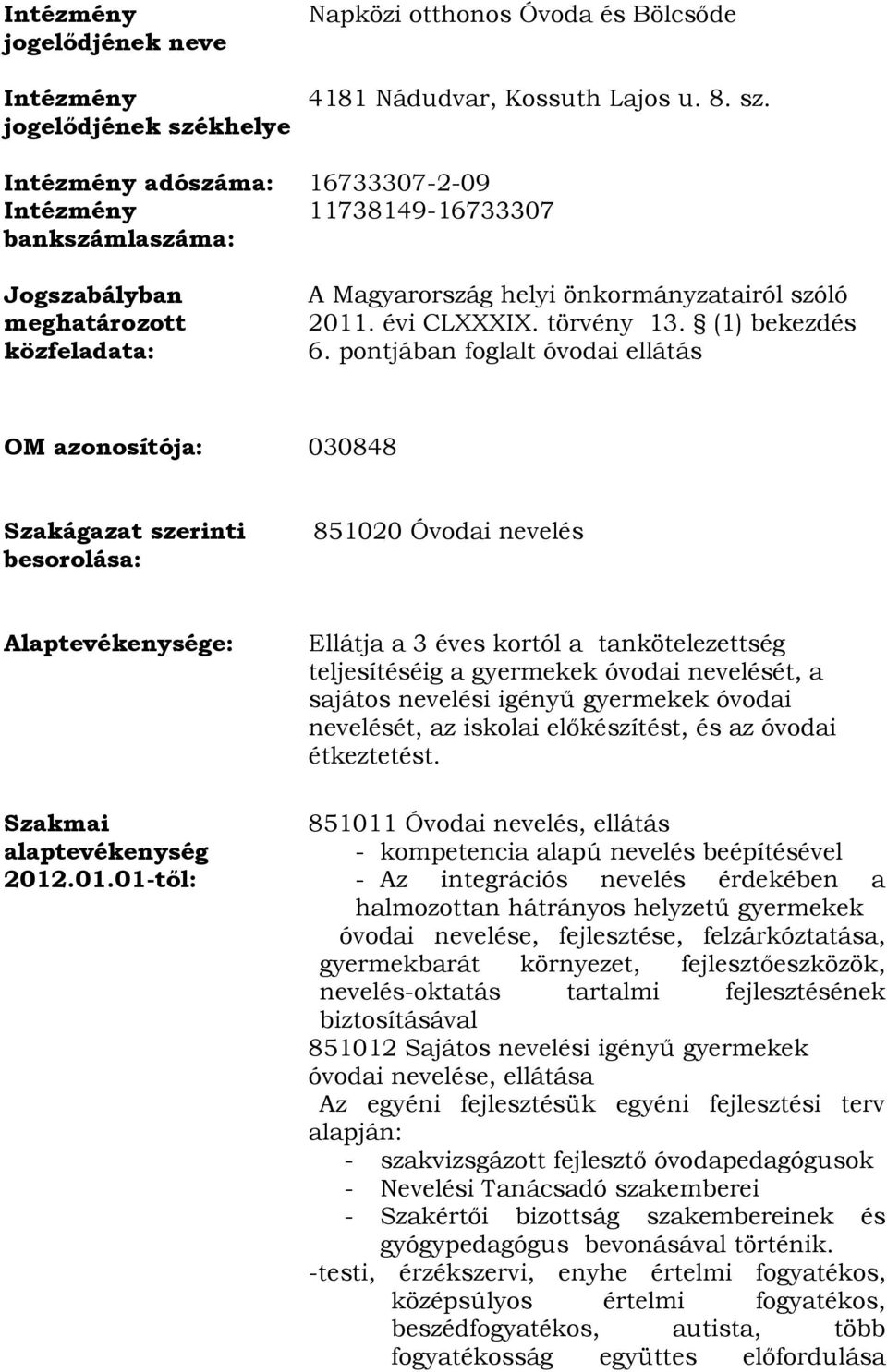 Intézmény adószáma: 16733307-2-09 Intézmény 11738149-16733307 bankszámlaszáma: Jogszabályban meghatározott közfeladata: A Magyarország helyi önkormányzatairól szóló 2011. évi CLXXXIX. törvény 13.