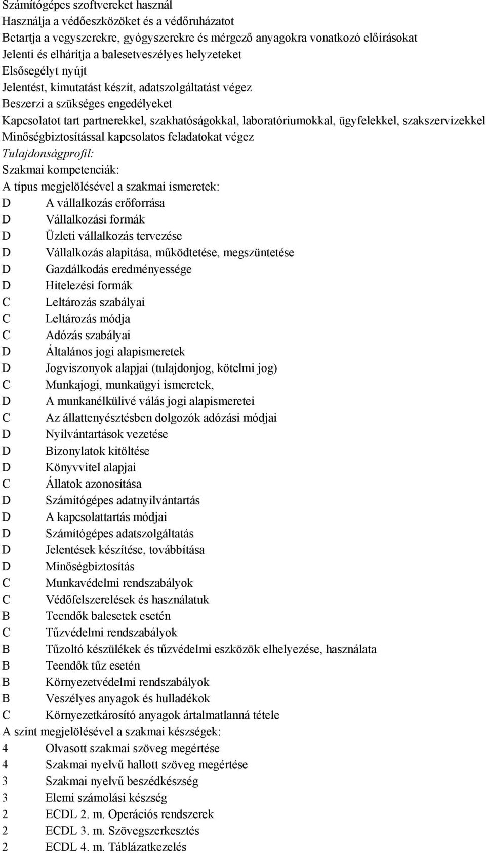 laboratóriumokkal, ügyfelekkel, szakszervizekkel Minőségbiztosítással kapcsolatos feladatokat végez Tulajdonságprofil: Szakmai kompetenciák: típus megjelölésével a szakmai ismeretek: D vállalkozás