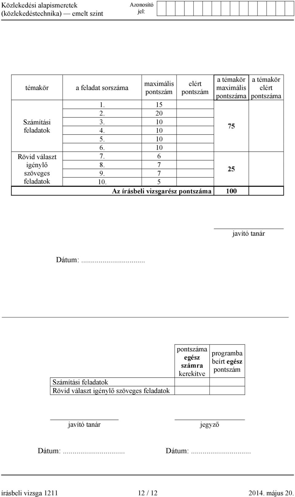 5 Az írásbeli vizsgarész pontszáma 100 a témakör elért pontszáma javító tanár Dátum:.