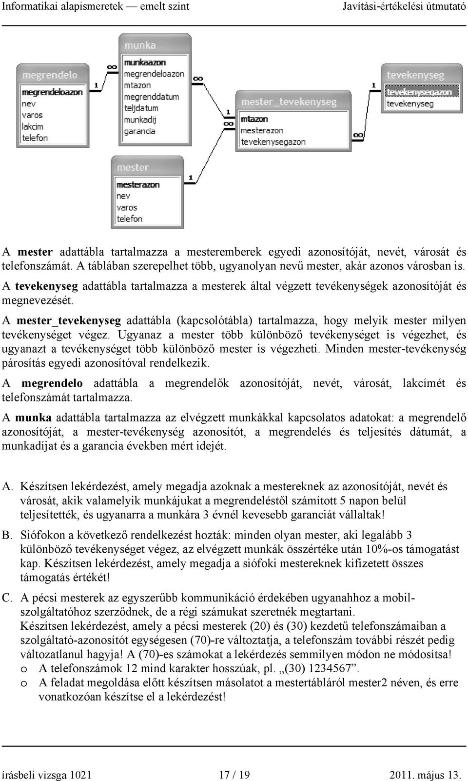 A mester_tevekenyseg adattábla (kapcsolótábla) tartalmazza, hogy melyik mester milyen tevékenységet végez.