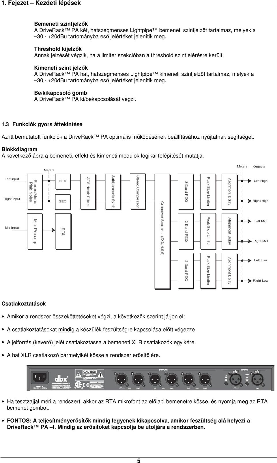 Kimeneti szint jelzők A DriveRack PA hat, hatszegmenses Lightpipe kimeneti szintjelzőt tartalmaz, melyek a 30 - +20dBu tartományba eső jelértéket jelenítik meg.