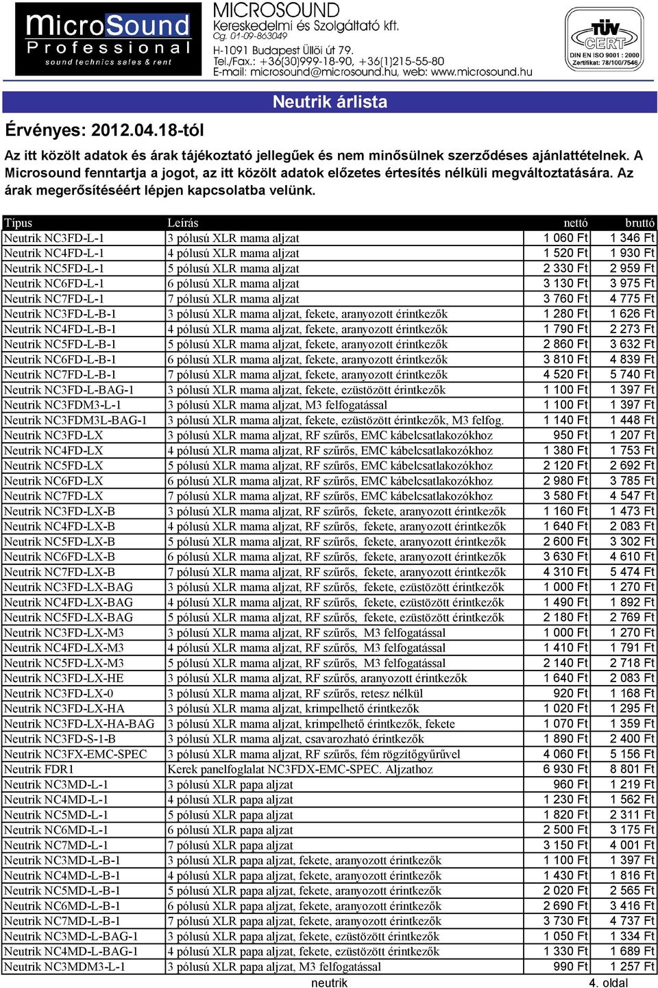 NC4FD-L-B-1 4 pólusú XLR mama aljzat, fekete, aranyozott érintkezők 1790 Ft 2273 Ft Neutrik NC5FD-L-B-1 5 pólusú XLR mama aljzat, fekete, aranyozott érintkezők 2860 Ft 3632 Ft Neutrik NC6FD-L-B-1 6