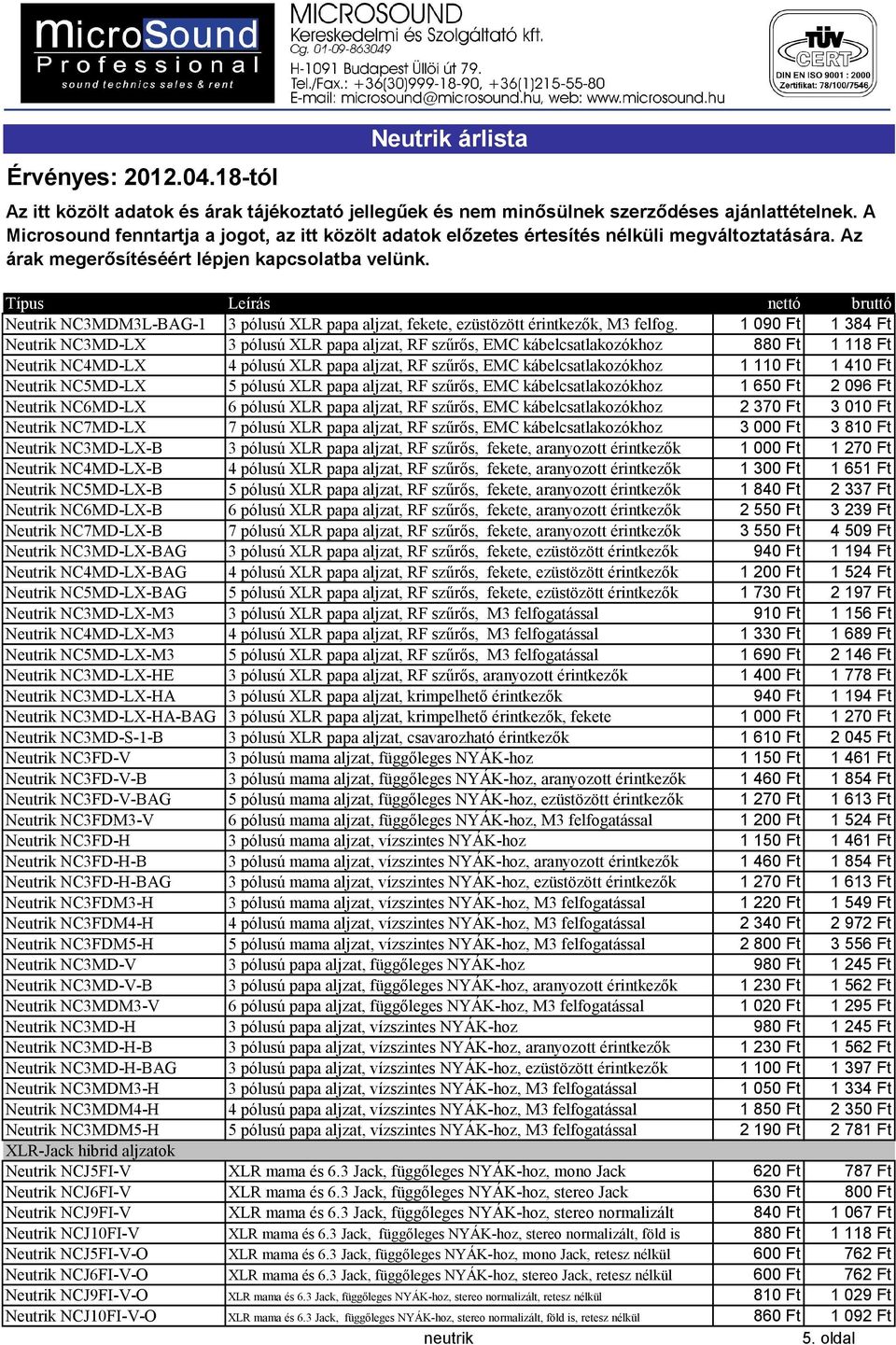 Ft Neutrik NC5MD-LX 5 pólusú XLR papa aljzat, RF szűrős, EMC kábelcsatlakozókhoz 1650 Ft 2096 Ft Neutrik NC6MD-LX 6 pólusú XLR papa aljzat, RF szűrős, EMC kábelcsatlakozókhoz 2370 Ft 3010 Ft Neutrik