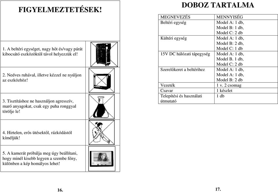 MEGNEVEZÉS Beltéri egység Kültéri egység DOBOZ TARTALMA 15V DC hálózati tápegység Szerelıkeret a beltérihez Vezeték Csavar Telepítési és használati útmutató MENNYISÉG Model B: 1 db,