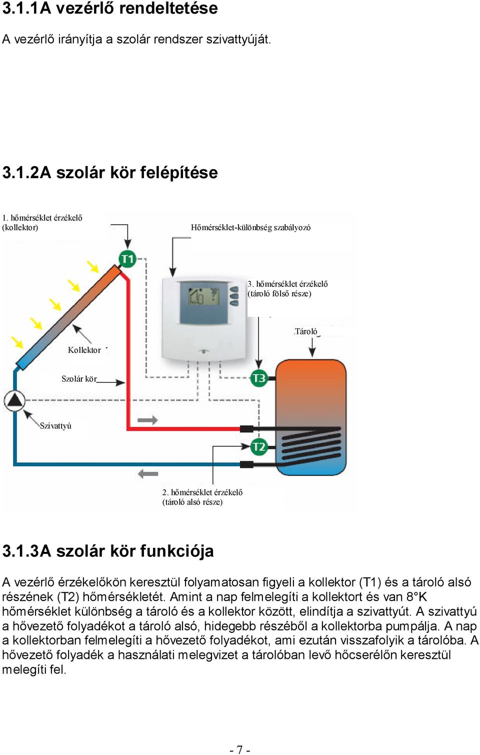 3A szolár kör funkciója A vezérlő érzékelőkön keresztül folyamatosan figyeli a kollektor (T1) és a tároló alsó részének (T2) hőmérsékletét.