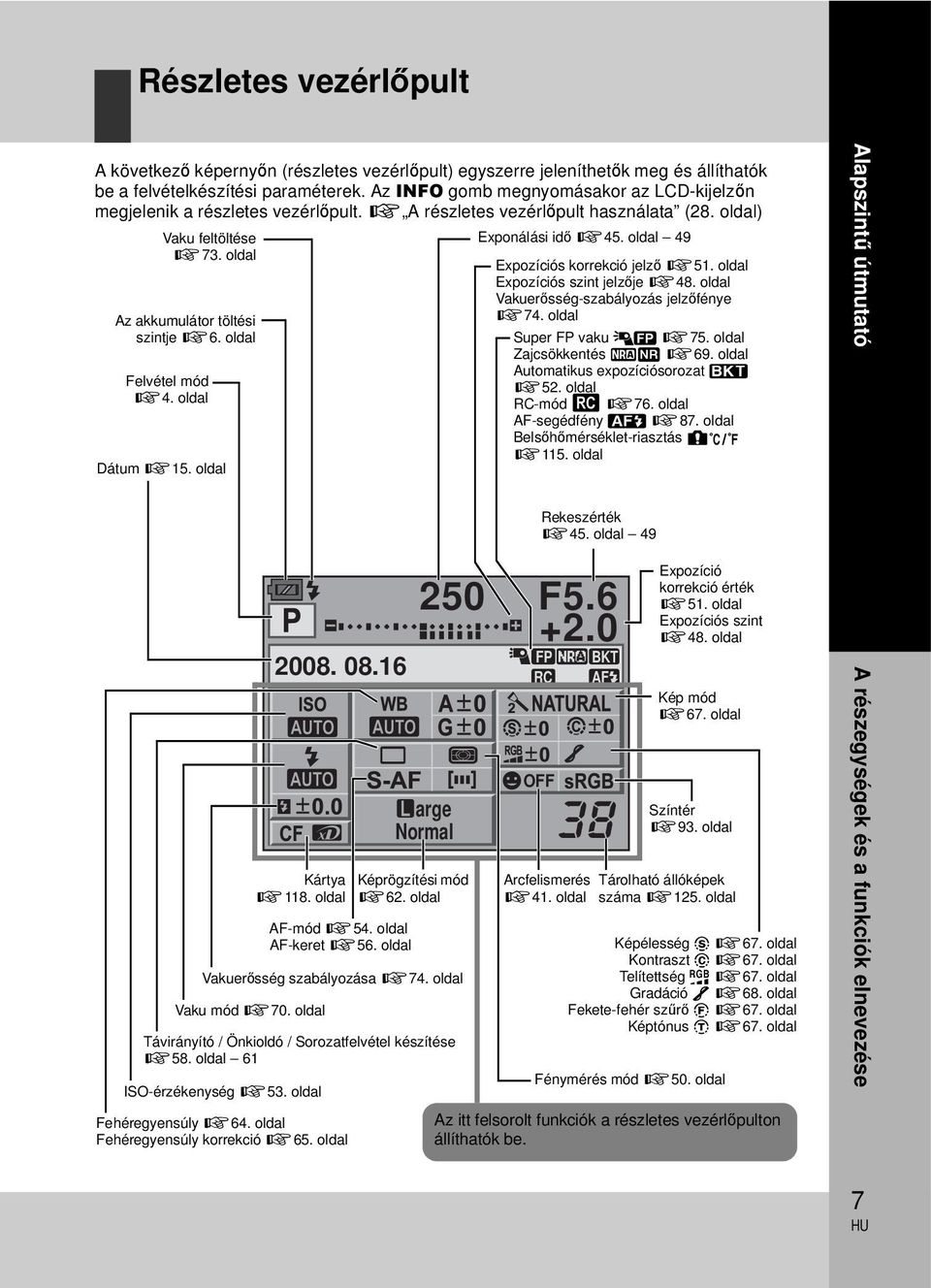oldal Felvétel mód g4. oldal Dátum g15. oldal Exponálási idő g45. oldal 49 Expozíciós korrekció jelző g51. oldal Expozíciós szint jelzője g48. oldal Vakuerősség-szabályozás jelzőfénye g74.