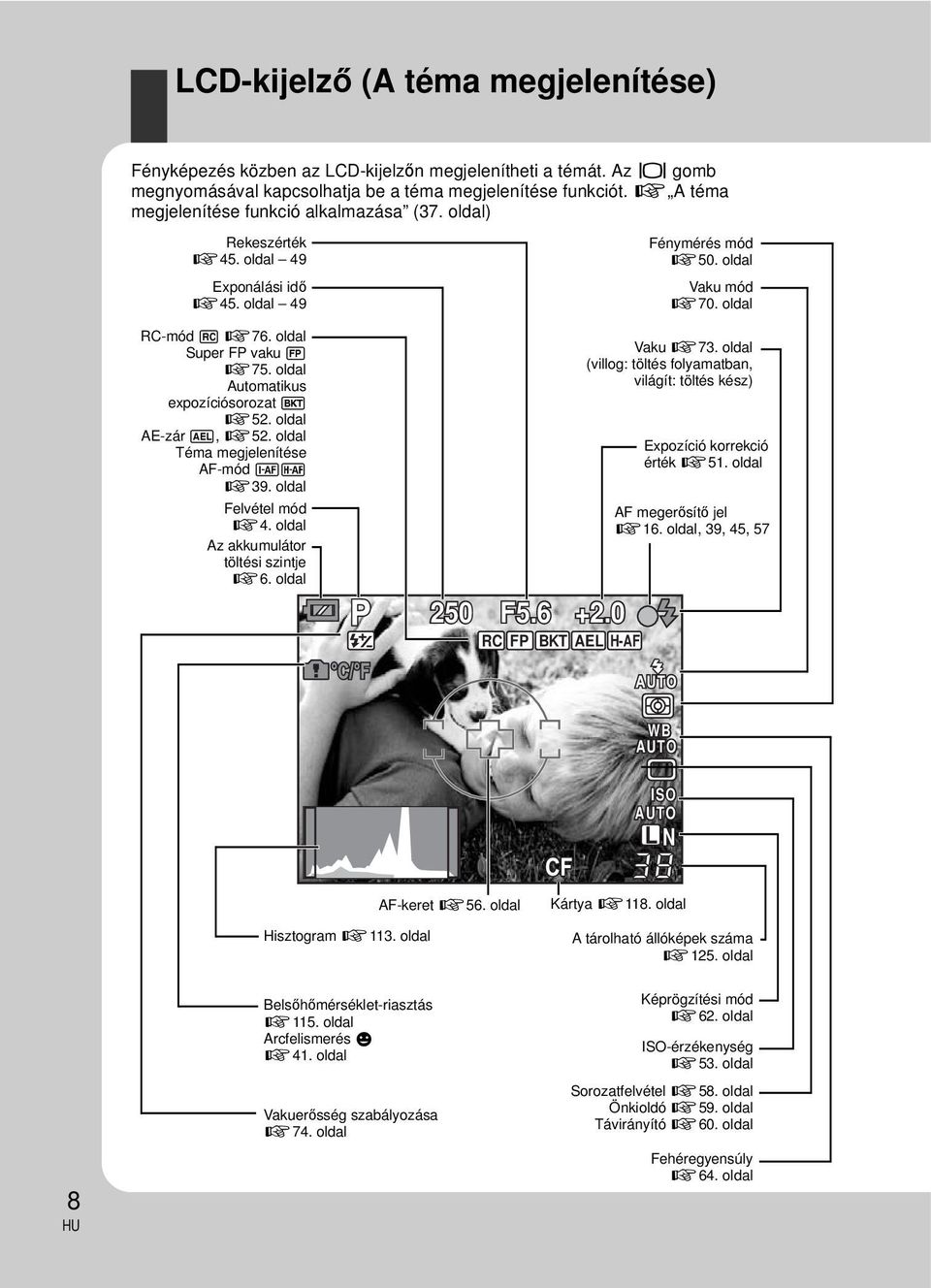 oldal AE-zár u, g52. oldal Téma megjelenítése AF-mód po g39. oldal Felvétel mód g4. oldal Az akkumulátor töltési szintje g6. oldal 250 F5.6 +2.0 RC FP BKT AEL H-AF Fénymérés mód g50.