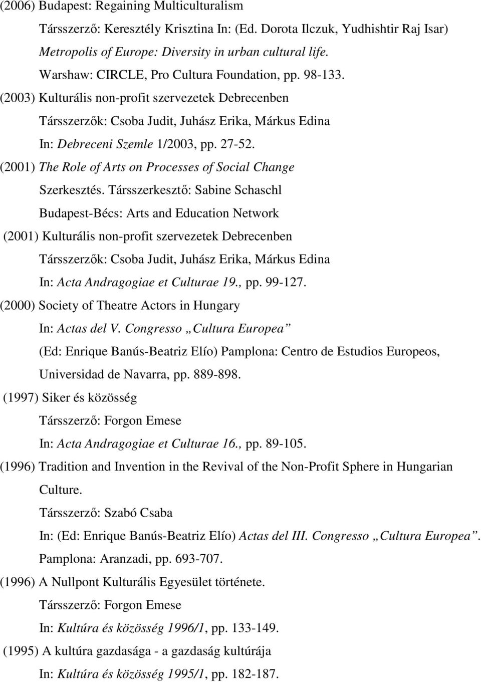 (2001) The Role of Arts on Processes of Social Change Szerkesztés.