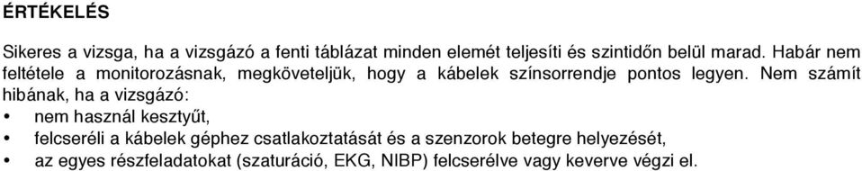 Nem számít hibának, ha a vizsgázó: nem használ kesztyűt, felcseréli a kábelek géphez csatlakoztatását és a