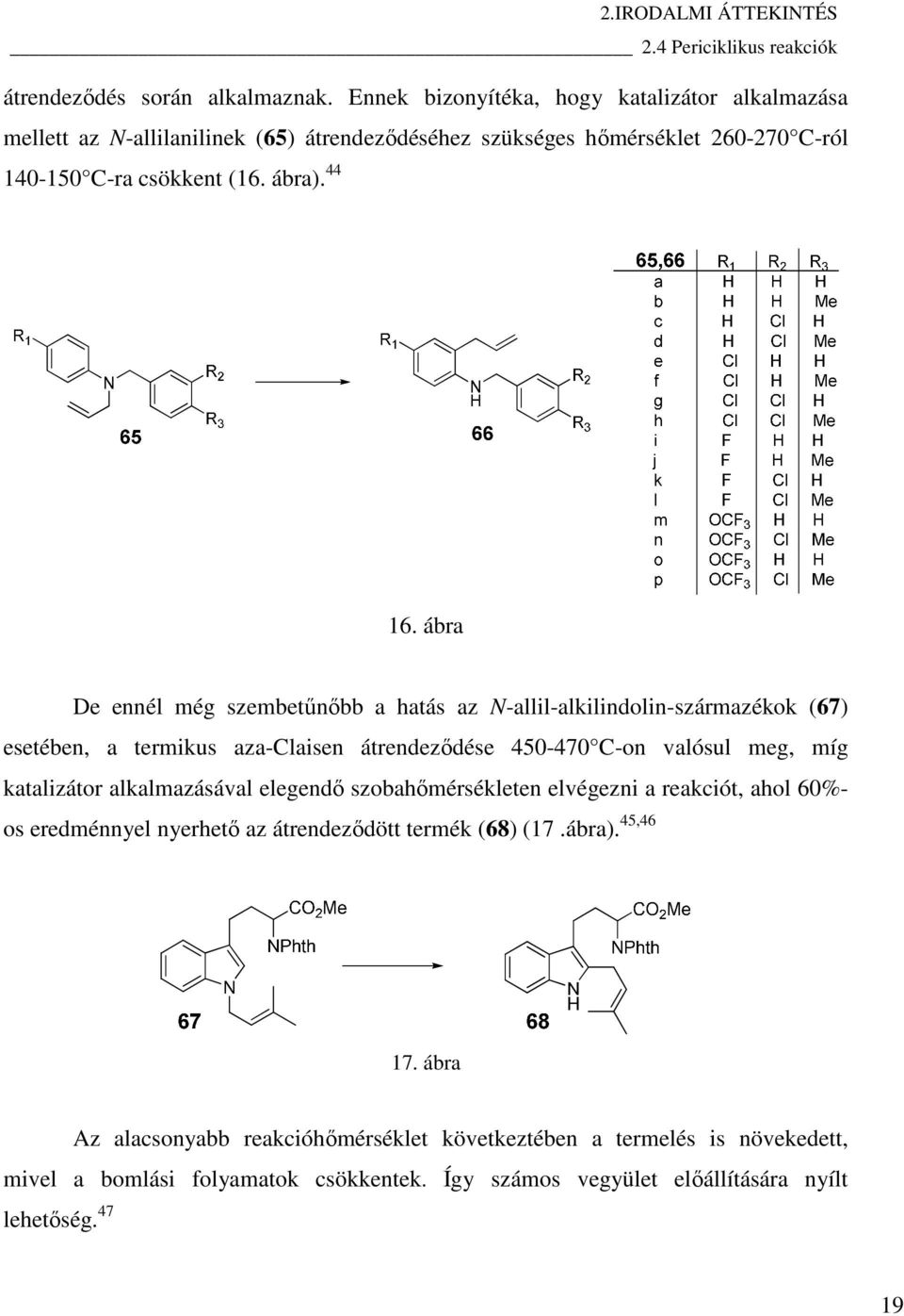 ábra De ennél még szembetűnőbb a hatás az N-allil-alkilindolin-származékok (67) esetében, a termikus aza-claisen átrendeződése 450-470 C-on valósul meg, míg katalizátor alkalmazásával