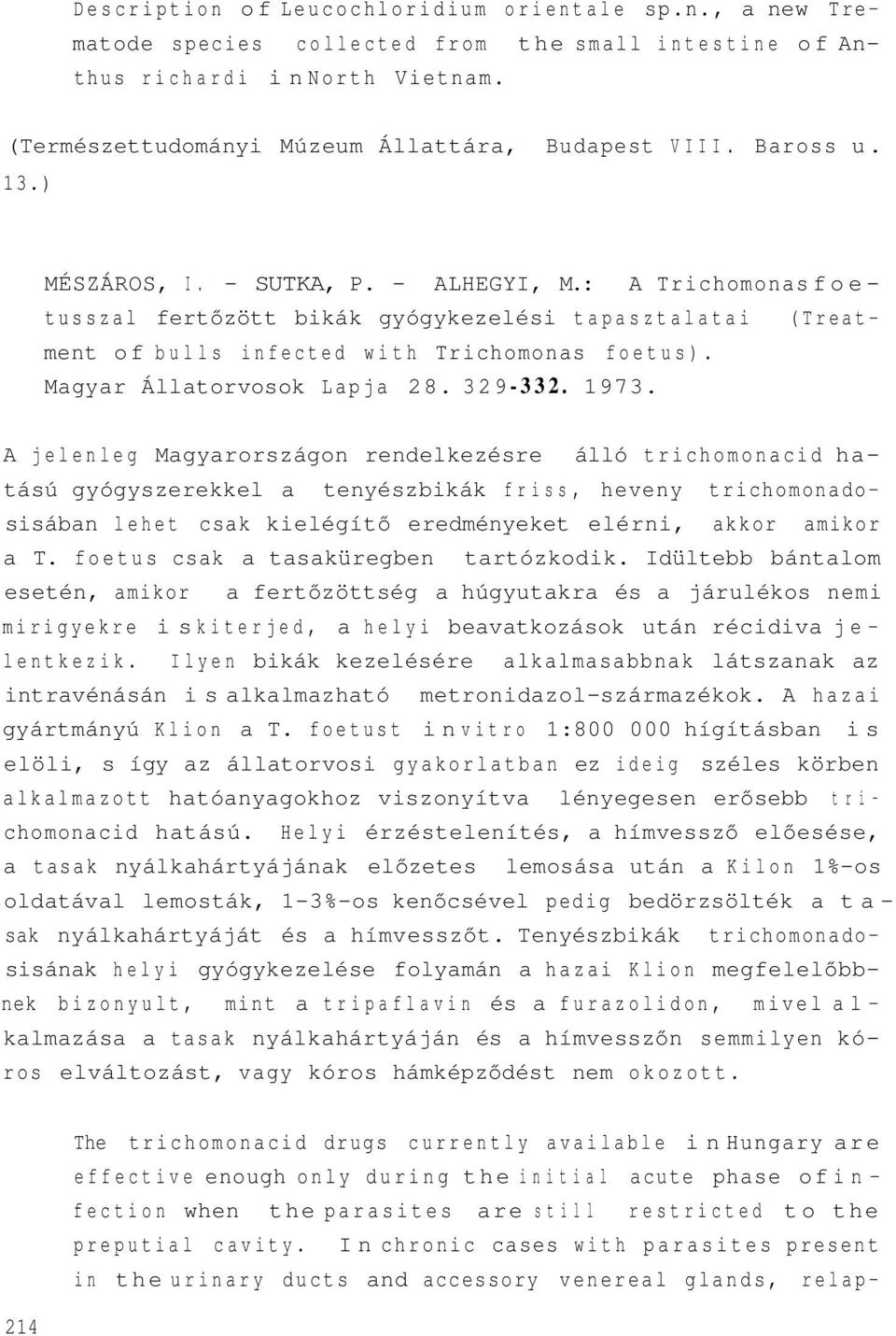 Magyar Állatorvosok Lapja 28. 329-332. 1973.