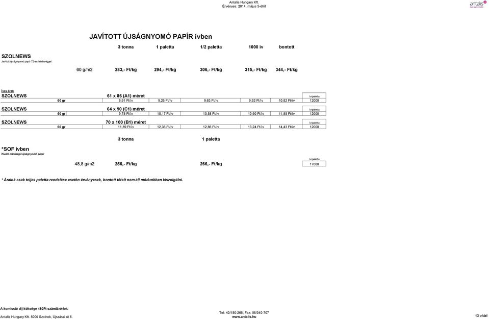11,88 Ft/ív 12000 SZOLNEWS 70 x 100 (B1) méret ív/paletta 60 gr 11,89 Ft/ív 12,36 Ft/ív 12,86 Ft/ív 13,24 Ft/ív 14,43 Ft/ív 12000 3 tonna 1 paletta *SOF ívben Kiváló minőségű