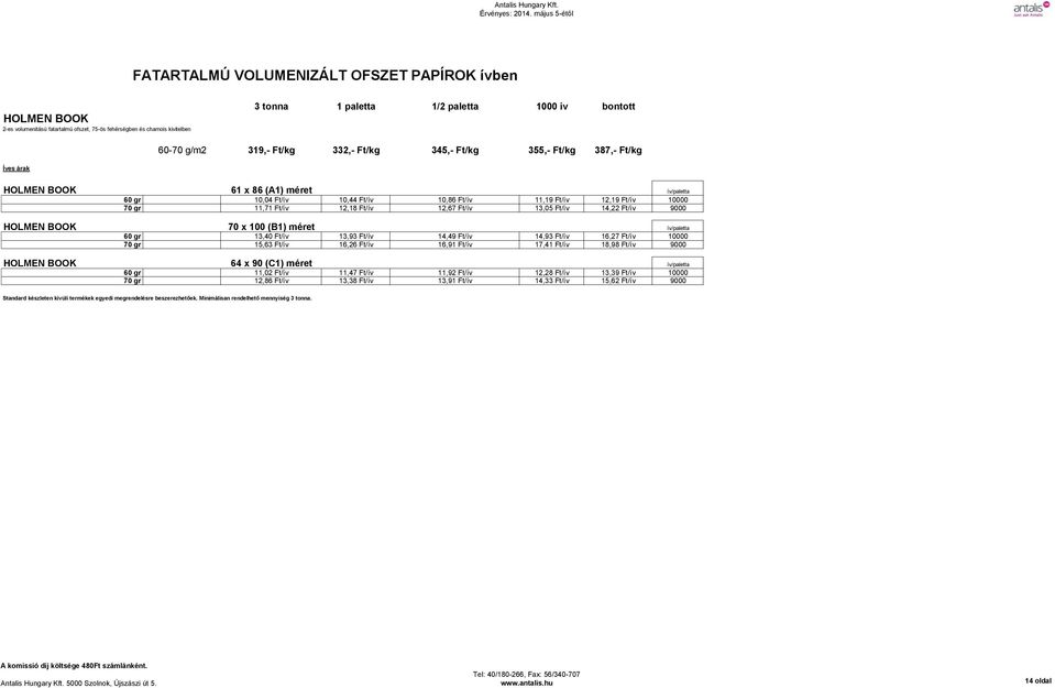 BOOK 70 x 100 (B1) méret ív/paletta 60 gr 13,40 Ft/ív 13,93 Ft/ív 14,49 Ft/ív 14,93 Ft/ív 16,27 Ft/ív 10000 70 gr 15,63 Ft/ív 16,26 Ft/ív 16,91 Ft/ív 17,41 Ft/ív 18,98 Ft/ív 9000 HOLMEN BOOK 64 x 90