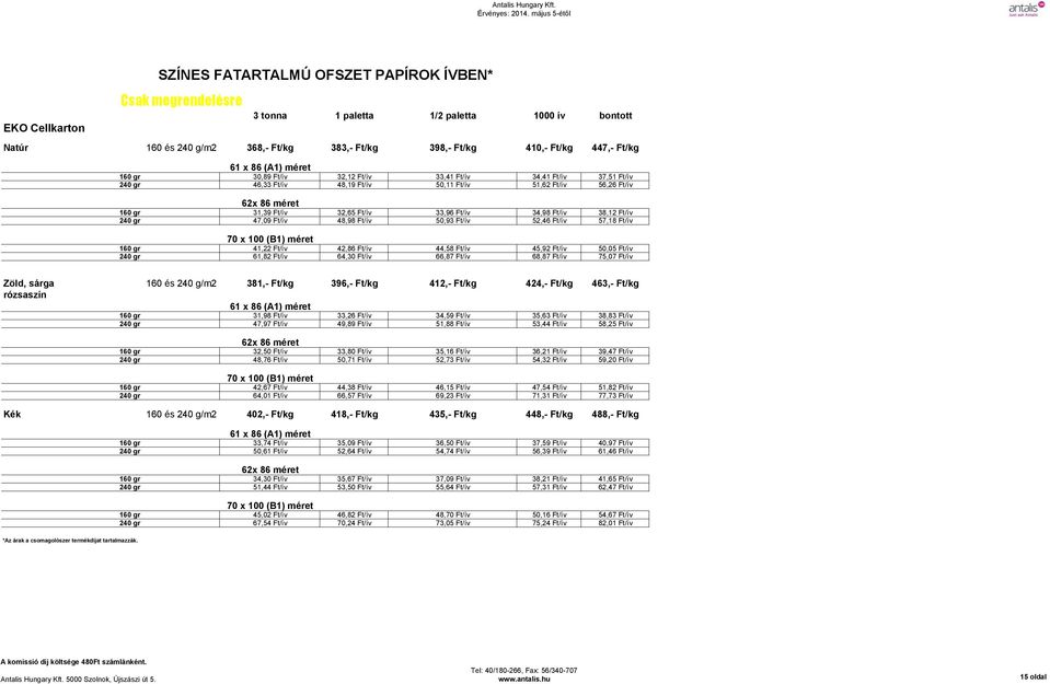 47,09 Ft/ív 48,98 Ft/ív 50,93 Ft/ív 52,46 Ft/ív 57,18 Ft/ív 70 x 100 (B1) méret 160 gr 41,22 Ft/ív 42,86 Ft/ív 44,58 Ft/ív 45,92 Ft/ív 50,05 Ft/ív 240 gr 61,82 Ft/ív 64,30 Ft/ív 66,87 Ft/ív 68,87