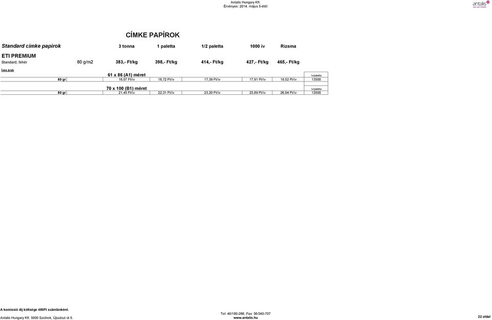 méret ív/paletta 80 gr 16,07 Ft/ív 16,72 Ft/ív 17,39 Ft/ív 17,91 Ft/ív 19,52 Ft/ív 13500 70 x 100