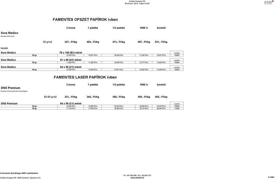 ív/paletta 50 gr 12,59 Ft/ív 13,09 Ft/ív 13,61 Ft/ív 14,02 Ft/ív 15,28 Ft/ív 15000 FAMENTES LASER PAPÍROK ívben DNS Premium famentes ofszet prerint/laser technológiára 80-90 g/m2 331,- Ft/kg 344,-
