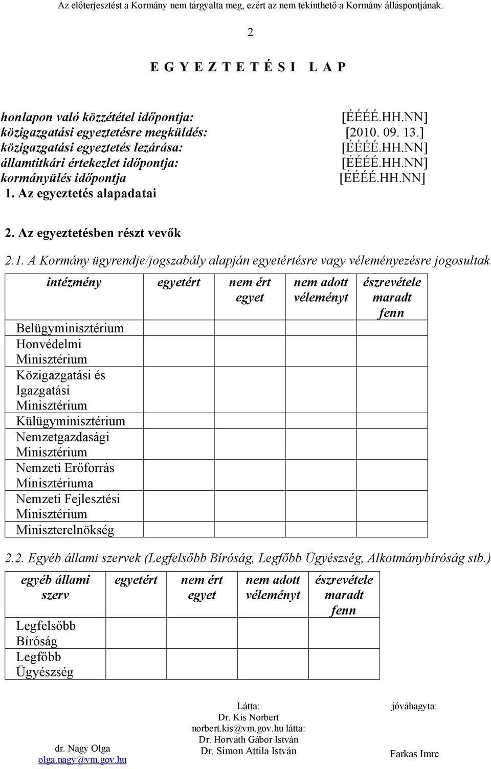 Az egyeztetés alapadatai 2. Az egyeztetésben részt vevők 2.1.