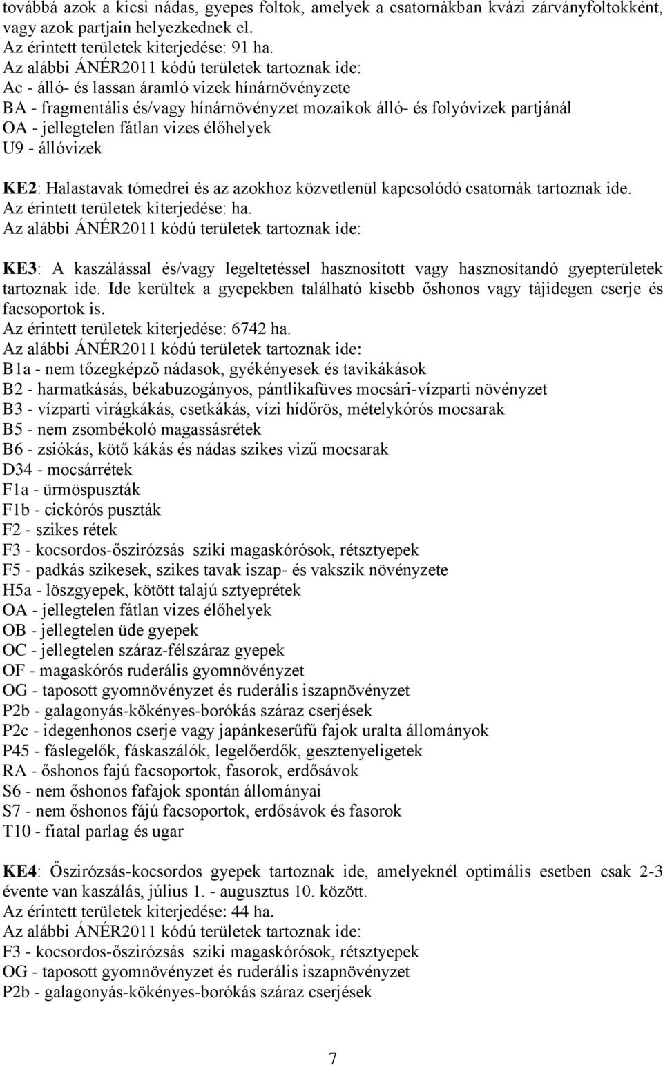 fátlan vizes élőhelyek U9 - állóvizek KE2: Halastavak tómedrei és az azokhoz közvetlenül kapcsolódó csatornák tartoznak ide. Az érintett területek kiterjedése: ha.