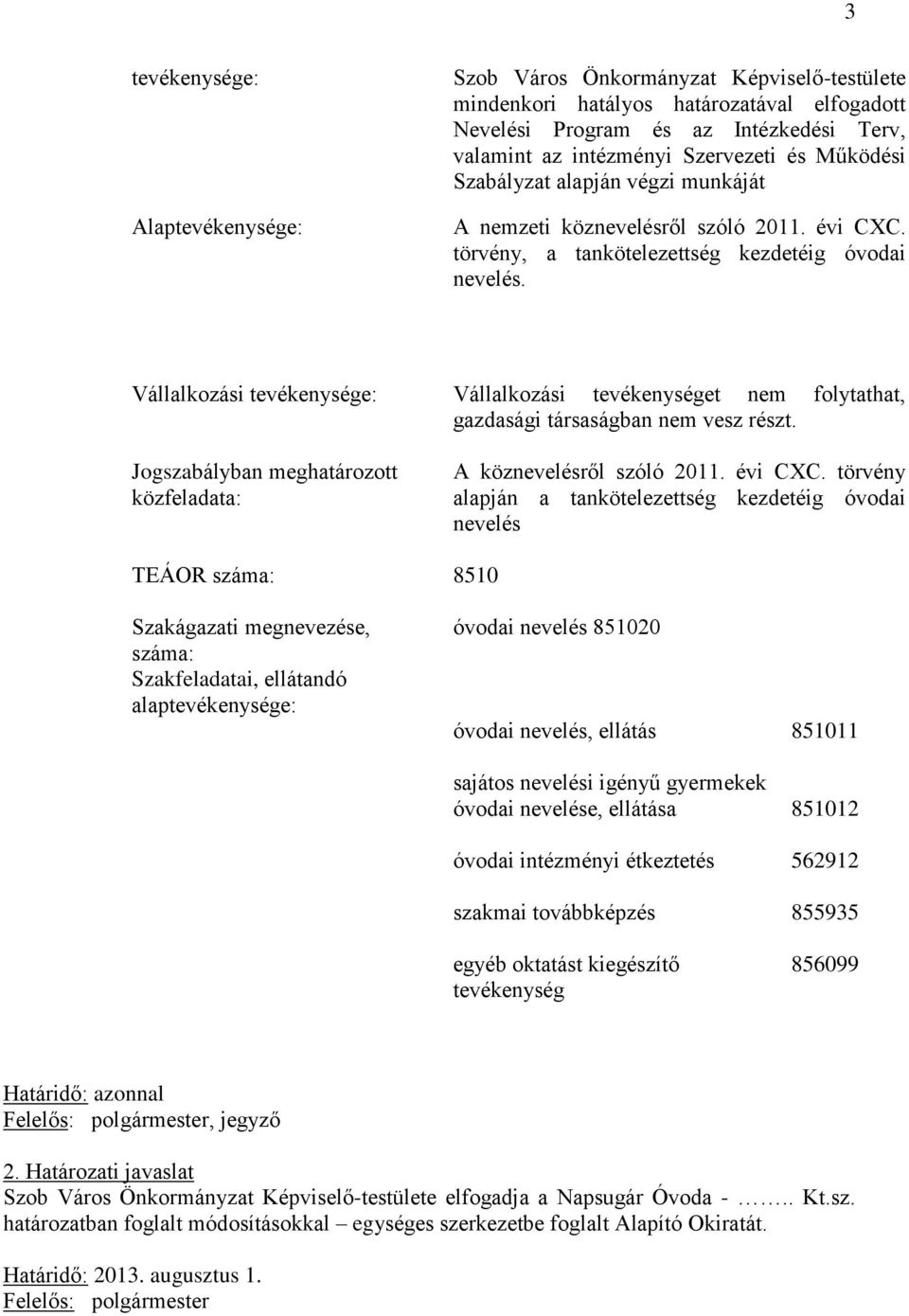 Vállalkozási tevékenysége: Vállalkozási tevékenységet nem folytathat, gazdasági társaságban nem vesz részt. Jogszabályban meghatározott közfeladata: A köznevelésről szóló 2011. évi CXC.