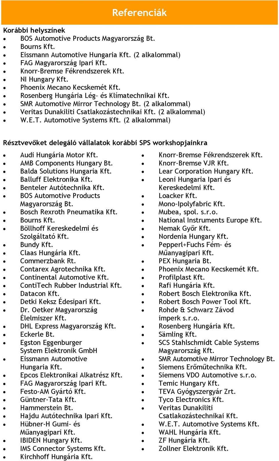 (2 alkalommal) W.E.T. Automotive Systems Kft. (2 alkalommal) Résztvevőket delegáló vállalatok korábbi SPS workshopjainkra Audi Hungária Motor Kft. AMB Components Hungary Bt.