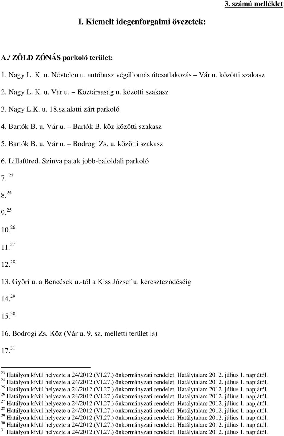 Szinva patak jobb-baloldali parkoló 7. 23 8. 24 9. 25 10. 26 11. 27 12. 28 13. Győri u. a Bencések u.-tól a Kiss József u. kereszteződéséig 14. 29 15. 30 16. Bodrogi Zs. Köz (Vár u. 9. sz.