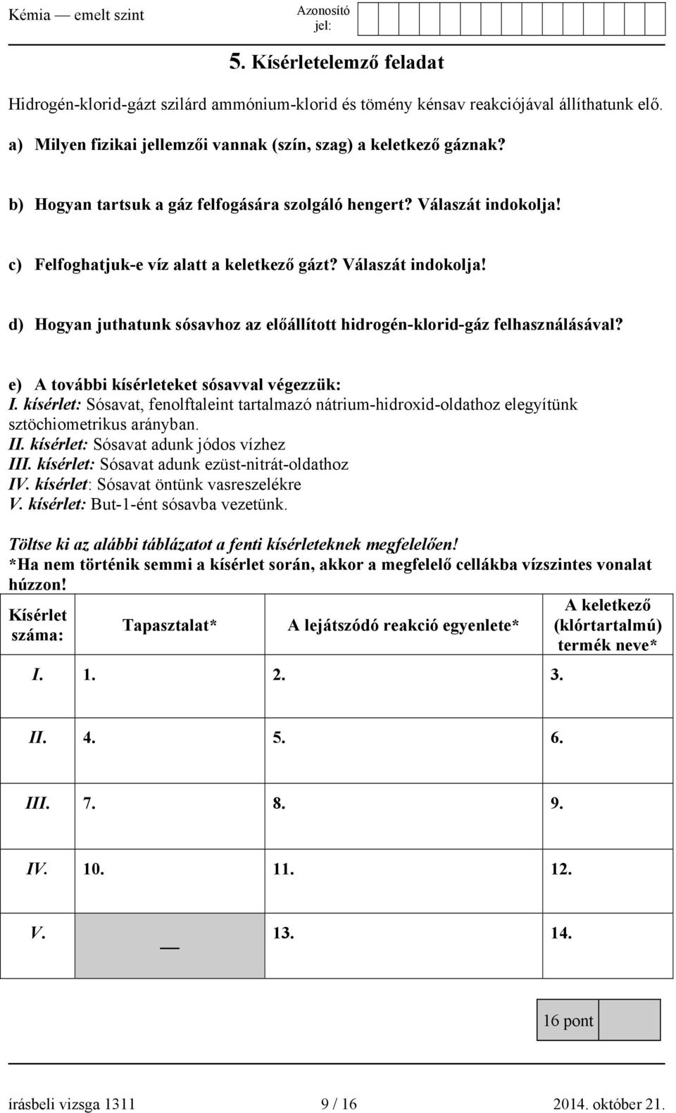 e) A további kísérleteket sósavval végezzük: I. kísérlet: Sósavat, fenolftaleint tartalmazó nátrium-hidroxid-oldathoz elegyítünk sztöchiometrikus arányban. II.