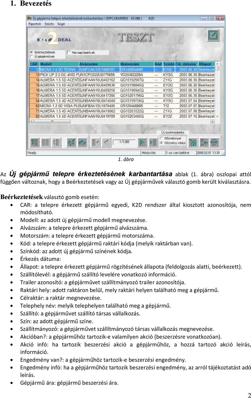 Beérkeztetések választó gomb esetén: CAR: a telepre érkezett gépjármű egyedi, K2D rendszer által kiosztott azonosítója, nem módosítható. Modell: az adott új gépjármű modell megnevezése.