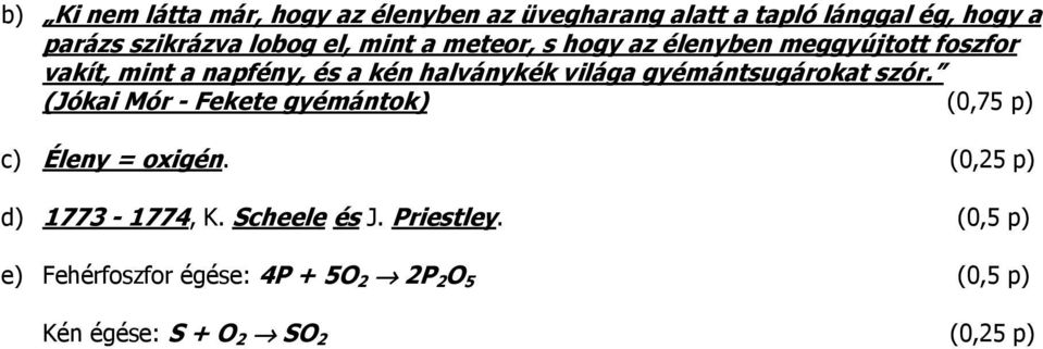 gyémántsugárokat szór. (Jókai Mór - Fekete gyémántok) (0,75 p) c) Éleny = oxigén. (0,25 p) d) 1773-1774, K.