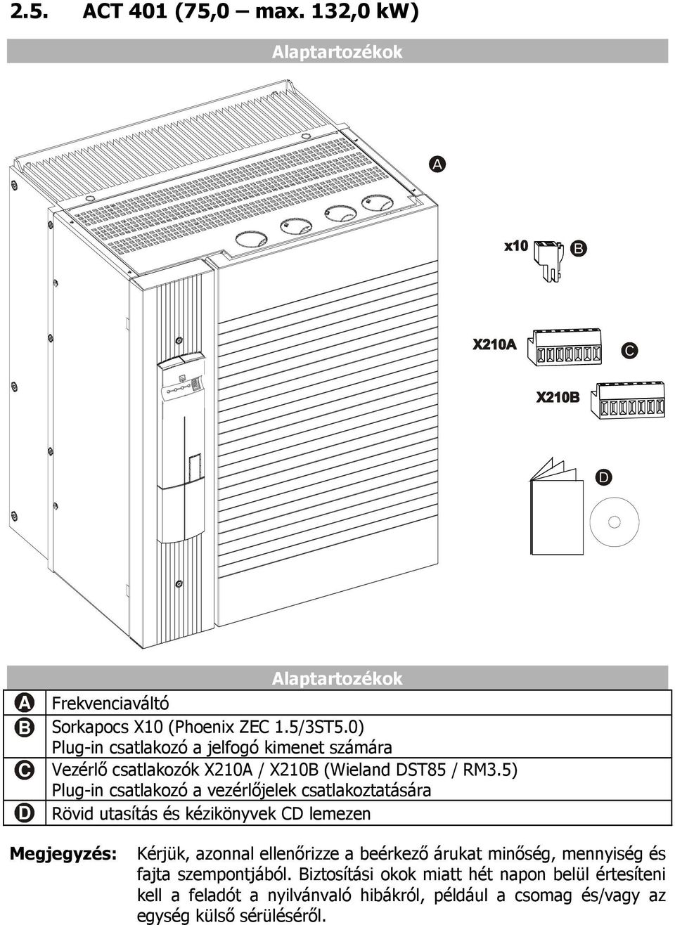 5) Plug-in csatlakozó a vezérlőjelek csatlakoztatására D Rövid utasítás és kézikönyvek CD lemezen Megjegyzés: Kérjük, azonnal ellenőrizze a