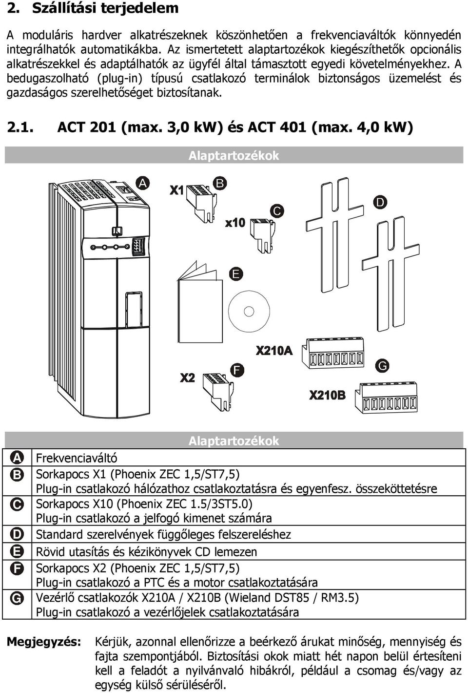 A bedugaszolható (plug-in) típusú csatlakozó terminálok biztonságos üzemelést és gazdaságos szerelhetőséget biztosítanak. 2.1. ACT 201 (max. 3,0 kw) és ACT 401 (max.