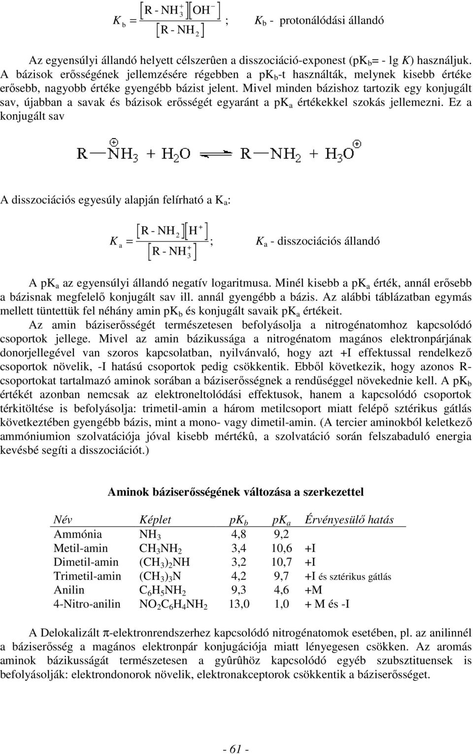 szokás jellemezni Ez a konjugált sav A disszociációs egyesúly alapján felírható a K a : R - N = ; K a - disszociációs állandó R - N K a 2 3 A pk a az egyensúlyi állandó negatív logaritmusa Minél