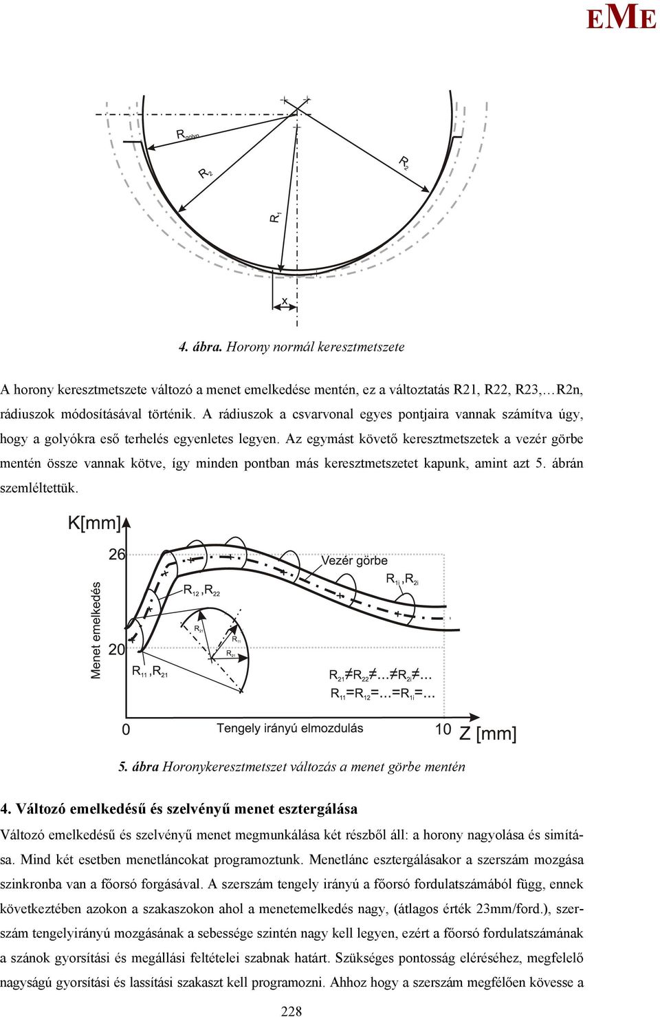 Az egymást követő keresztmetszetek a vezér görbe mentén össze vannak kötve, így minden pontban más keresztmetszetet kapunk, amint azt 5. ábrán szemléltettük. 5. ábra Horonykeresztmetszet változás a menet görbe mentén 4.