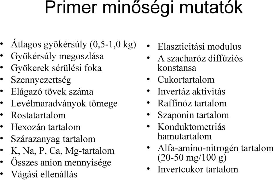 anion mennyisége Vágási ellenállás Elaszticitási modulus A szacharóz diffúziós konstansa Cukortartalom Invertáz aktivitás