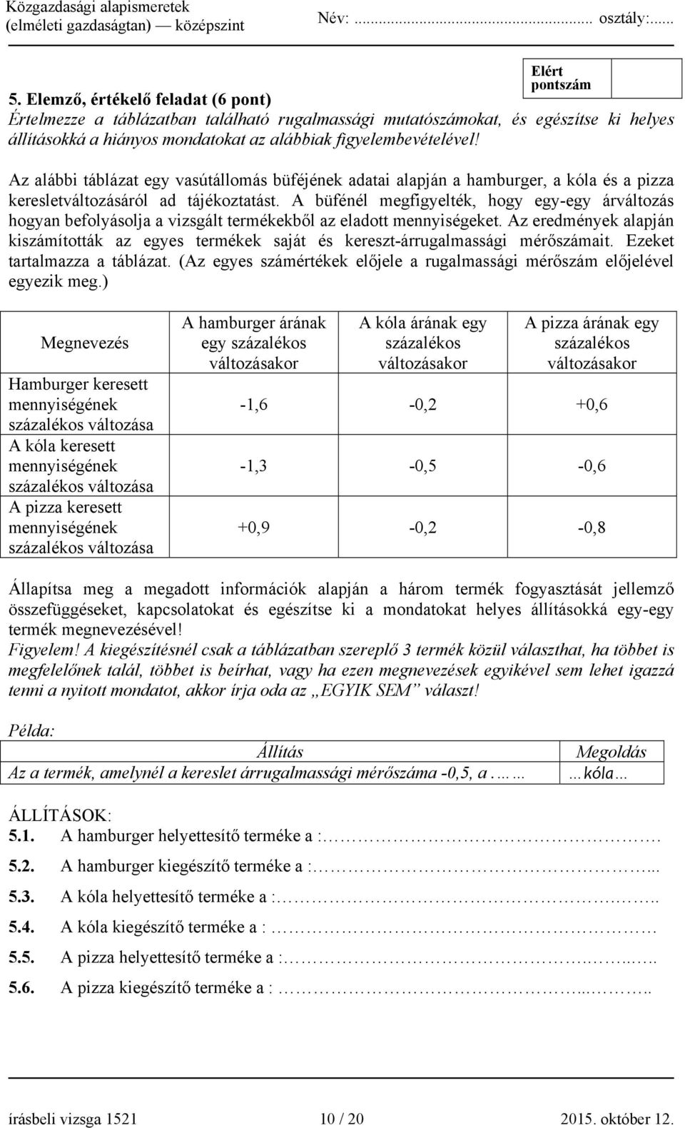 A büfénél megfigyelték, hogy egy-egy árváltozás hogyan befolyásolja a vizsgált termékekből az eladott mennyiségeket.