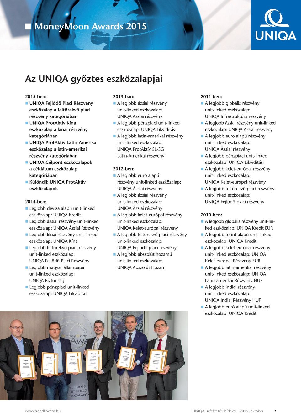 Részvény Legjobb kínai részvény unit-linked : UNIQA Kína Legjobb feltörekvő piaci részvény UNIQA Fejlődő Piaci Részvény Legjobb magyar állampapír UNIQA Biztonság Legjobb pénzpiaci unit-linked : UNIQA
