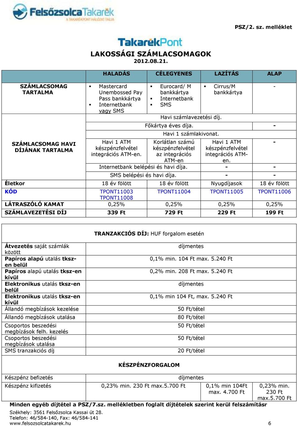 Eurocard/ M bankkártya Internetbank SMS Havi számlavezetési díj. Cirrus/M bankkártya Főkártya éves díja. - Havi 1 számlakivonat.