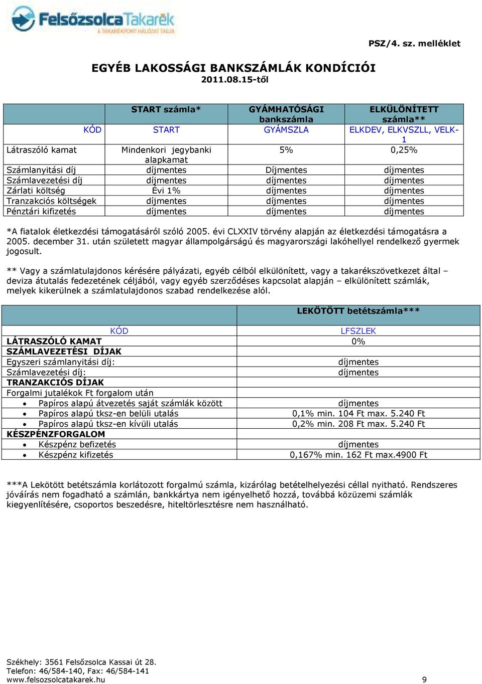 Számlavezetési díj Zárlati költség Évi 1% Tranzakciós költségek Pénztári kifizetés *A fiatalok életkezdési támogatásáról szóló 2005. évi CLXXIV törvény alapján az életkezdési támogatásra a 2005.
