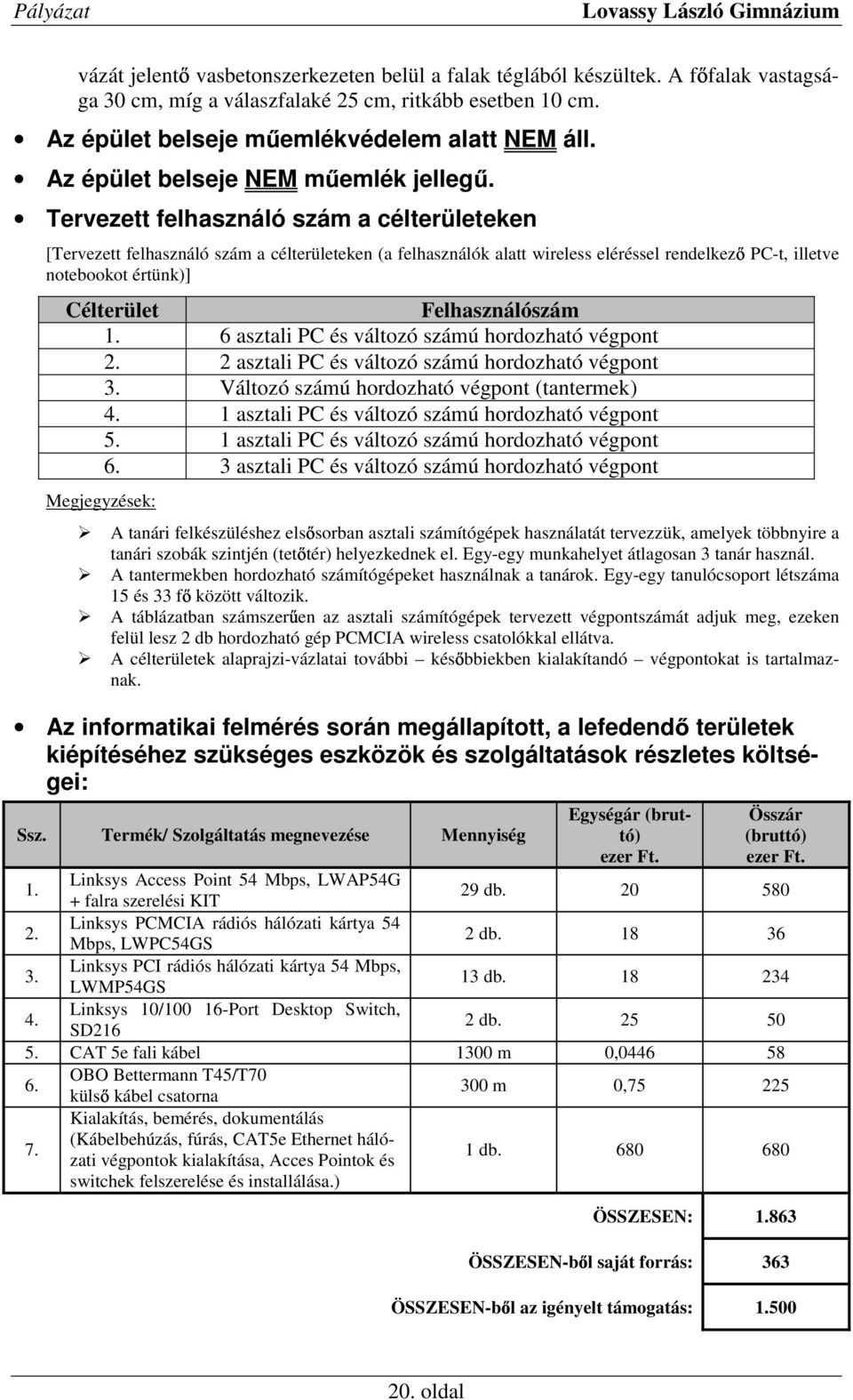 Tervezett felhasználó szám a célterületeken [Tervezett felhasználó szám a célterületeken (a felhasználók alatt wireless eléréssel rendelkez PC-t, illetve notebookot értünk)] Célterület