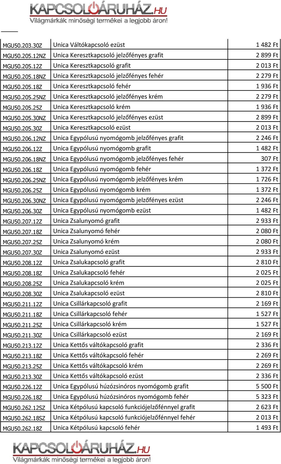 206.12NZ Unica Egypólusú nyomógomb jelzőfényes grafit MGU50.206.12Z Unica Egypólusú nyomógomb grafit MGU50.206.18NZ Unica Egypólusú nyomógomb jelzőfényes fehér MGU50.206.18Z Unica Egypólusú nyomógomb fehér MGU50.