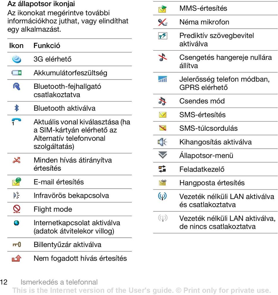 Minden hívás átirányítva értesítés E-mail értesítés Infravörös bekapcsolva Flight mode Internetkapcsolat aktiválva (adatok átvitelekor villog) Billentyűzár aktiválva Nem fogadott hívás értesítés