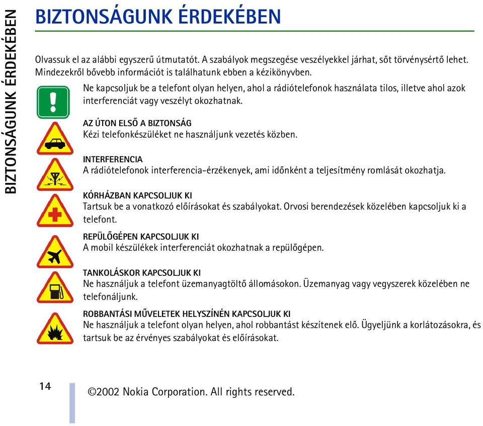 Ne kapcsoljuk be a telefont olyan helyen, ahol a rádiótelefonok használata tilos, illetve ahol azok interferenciát vagy veszélyt okozhatnak.