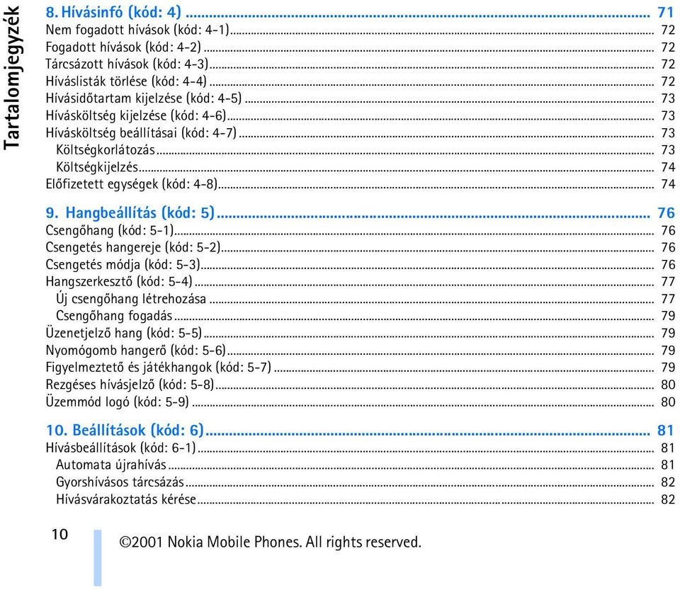 .. 74 Elõfizetett egységek (kód: 4-8)... 74 9. Hangbeállítás (kód: 5)... 76 Csengõhang (kód: 5-1)... 76 Csengetés hangereje (kód: 5-2)... 76 Csengetés módja (kód: 5-3)... 76 Hangszerkesztõ (kód: 5-4).