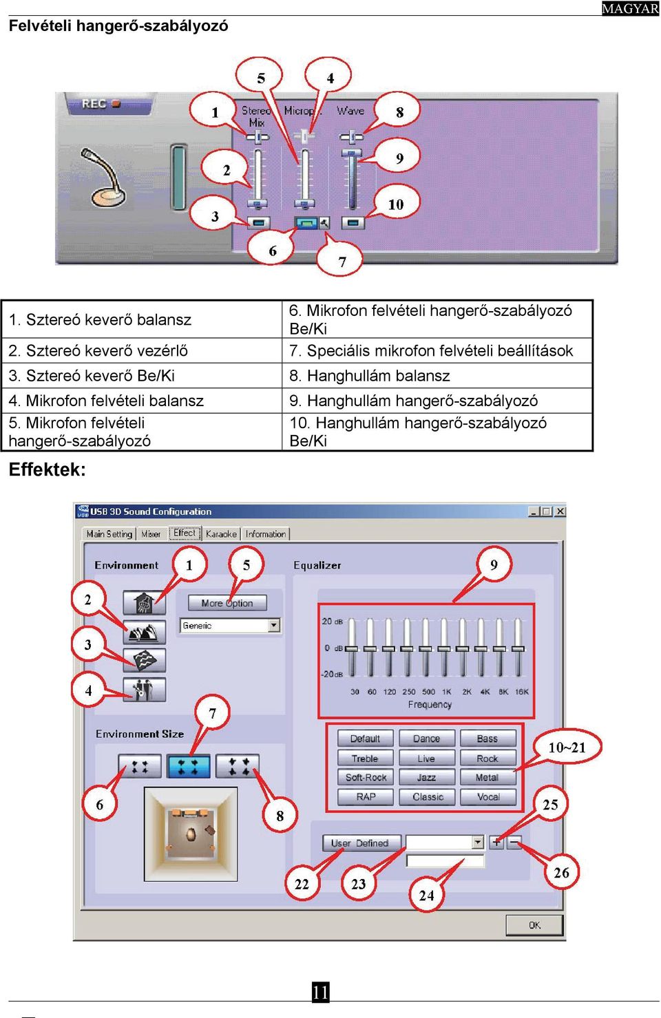 Speciális mikrofon felvételi beállítások 3. Sztereó keverő Be/Ki 8. Hanghullám balansz 4.