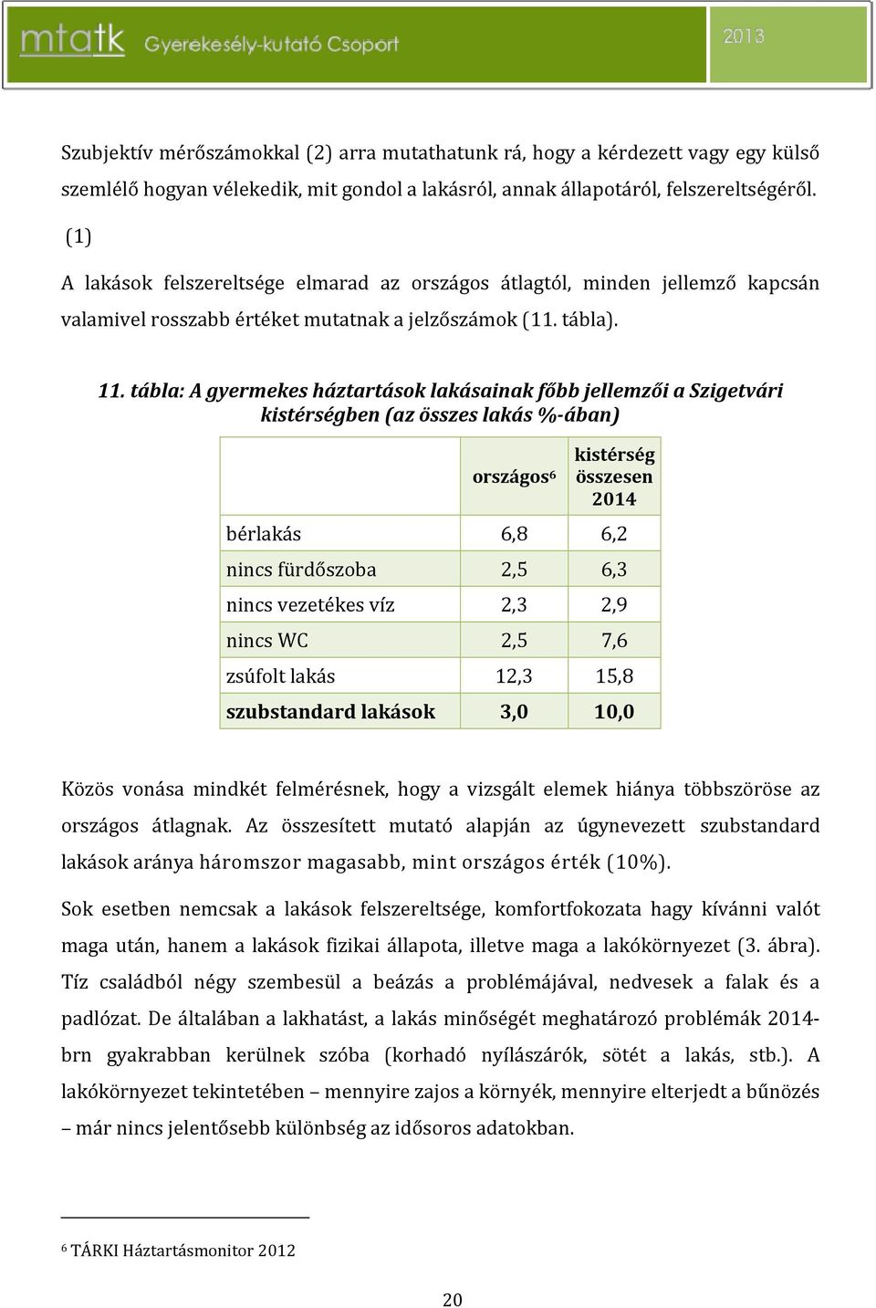 tábla: A gyermekes háztartások lakásainak főbb jellemzői a Szigetvári kistérségben (az összes lakás %-ában) országos 6 kistérség összesen 2014 bérlakás 6,8 6,2 nincs fürdőszoba 2,5 6,3 nincs